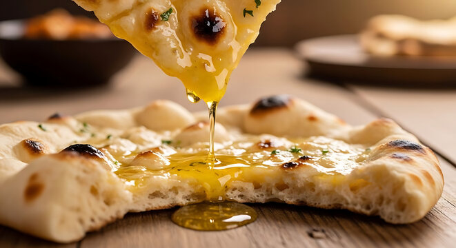 Flatbread with golden honey dripping from a crusty surface creates a rich and indulgent dessert scene.