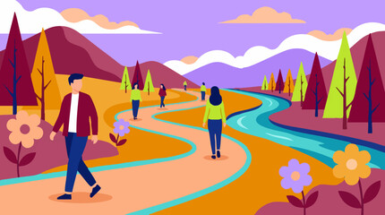 Fototapeta premium People walking on a path in a vibrant, colorful natural landscape illustration