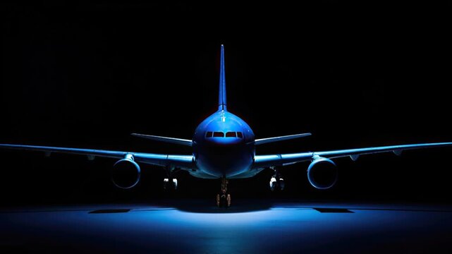 Dramatic front view of jet airplane on dark runway start moving forward to camera