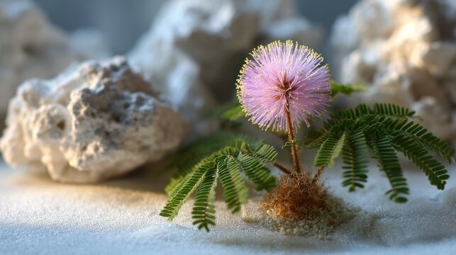 Delicate Mimosa Pudica Flower Blooming in Sand with Coral Rocks Background
