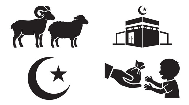 Eid al Adha Islamic celebration symbols with sheep Kaaba crescent star and charity.