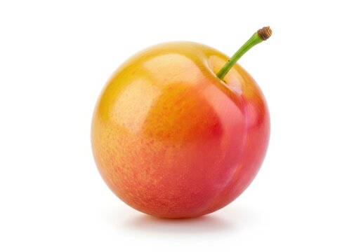 Single Ripe Mirabelle Plum with Green Stem Isolated on White Backgroun