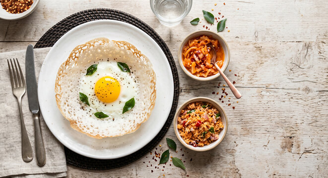 Sri Lankan Egg Hoppers Bowl Shaped Pancake with Coconut Sambol and Lunu Miris Side Bowls on Light Background