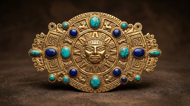 Intricate ancient golden sun god amulet decorated with turquoise and lapis lazuli gemstones on dark background