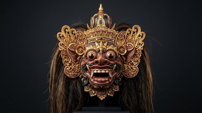 Intricate traditional Balinese Barong mask with gold carvings and long hair on black background with dramatic studio lighting
