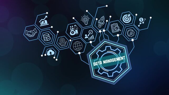 Secure data management and information architecture concept showcasing database storage, cloud synchronization, and digital network security icons for business.