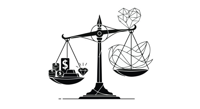 Balance scale weighs material wealth against abstract emotional values to represent the conflict between money and personal happiness.