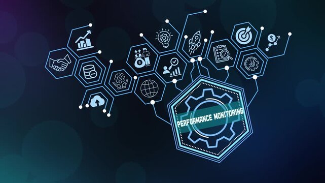 Performance monitoring and data tracking dashboard concept featuring metrics, analytical icons, and real-time business evaluation in a modern digital interface