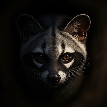 Enigmatic nocturnal genet with striking facial markings peering from the shadows