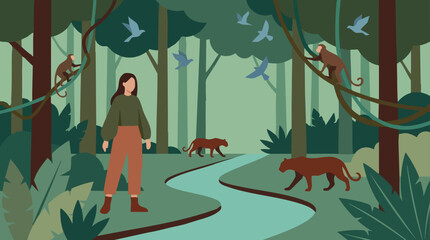 Flat illustration of a woman in a lush jungle with monkeys, birds, and big cats © SABSTOCK