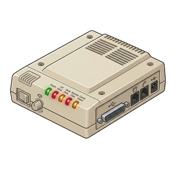 Vintage beige external dial-up modem with glowing indicator lights and various ports isolated on a white background