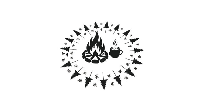 Campfire with a steaming mug is surrounded by a circular border of evergreen pine trees.