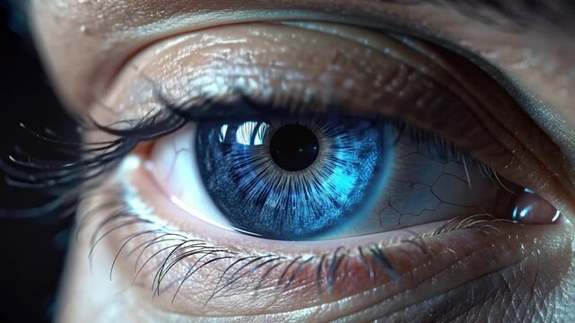 the blue eye with shining light wave close up