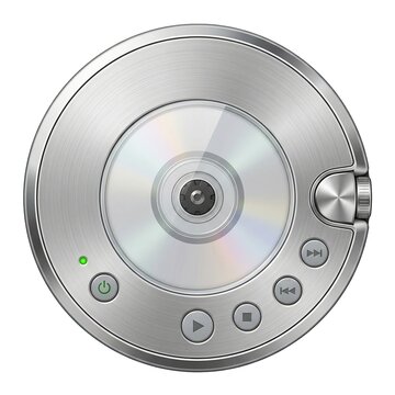 Portable brushed metal compact disc player with playback buttons and a green power light isolated on white