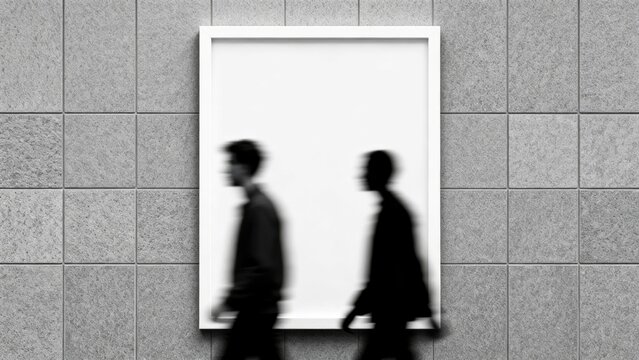 Two blurred figures walking past a framed poster