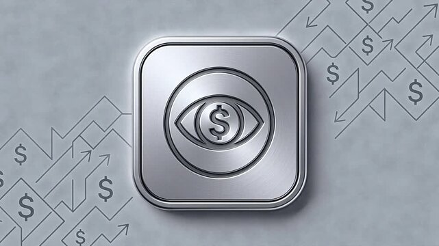 Metallic icon with eye and dollar symbol emphasizing fluid motion and vibrant color palettes