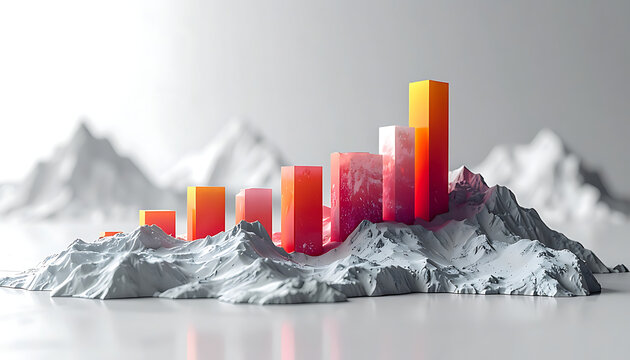 Growing bar chart rising like mountains, representing financial growth, business success, and market analysis with a vibrant gradient