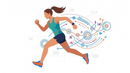 Fototapeta premium Woman running with smartwatch and colorful digital data trails flat vector illustration representing fitness tracking and performance analytics