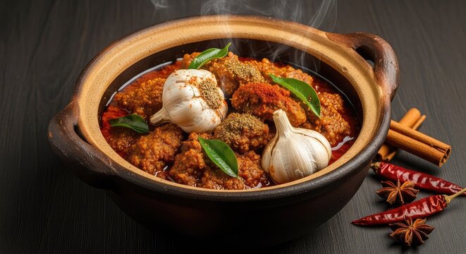 Traditional meat curry slow-cooked in a rustic clay pot with whole garlic bulbs, thick grainy gravy, and aromatic spices on dark wood, rustic style, gravy, garlic