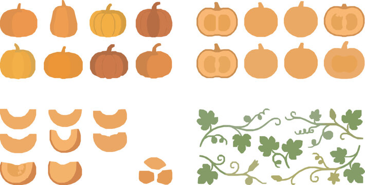 A comprehensive collection of orange pumpkin icons featuring whole pumpkins sliced halves seeds and decorative green vine leaves in a clean flat vector illustration style.