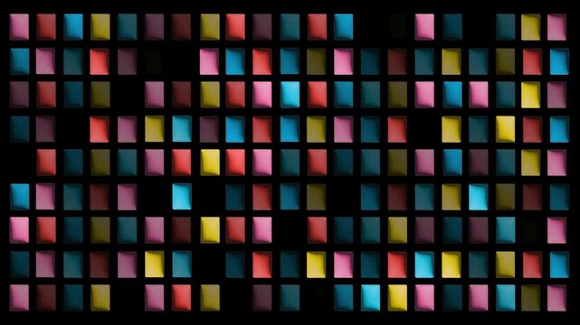 4k footage animation of flashing flicker color squares rectangle with black background. Abstract mosaic rectangle of colorful ruby. Pixelated flowing shimmers. color pixel block dynamic background