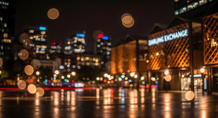 Fototapeta premium Nighttime cityscape with stock exchange building.
