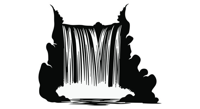 Waterfall cascades down between dark rocky cliffs depicted as a stylized black icon.