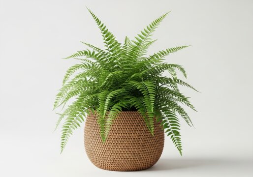 Lush Green Fern Houseplant in a Woven Wicker Basket Pot Isolated on Wh