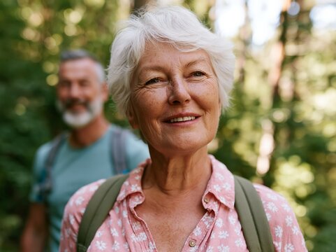 Active white senior couple enjoying nature while hiking in a lush green forest, with the woman smiling and the man blurred in the background