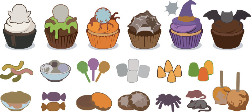 A diverse collection of Halloween themed sweets featuring spooky cupcakes with ghost eyeballs and bat toppers plus gummy worms candy corn and caramel apples on white background.