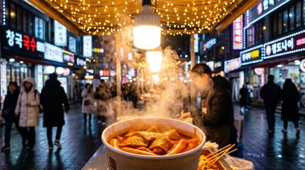 Fototapeta premium Spicy Korean street food Tteokbokki at night market with blurred city lights.