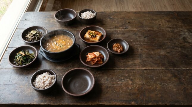 Healthy Korean temple food and vegan side dishes in traditional earthenware bowls.