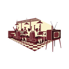 Naklejka premium Soccer fans in a retro 1950s American diner, booth seating, checkered floor, fans cheering at an old television set, maroon and cream sepia tones, minimalist flat vector artwork, clipart style,