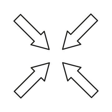 Linear outline icon of four arrows pointing inward vector. Excellent for interface minimize buttons or focus nav elements.