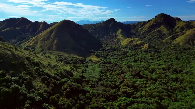 Expansive view of komodo island's rolling hills covered in lush green forest and grasslands under a blue sky. Lovely aerial view rotation pan to right panorama drone