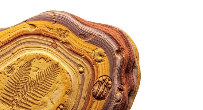 A close-up view of a unique sedimentary rock formation featuring intricate fossil patterns and swirling textures in warm earthy tones, warm, rough, layers
