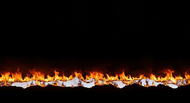 Seamless horizontal boundary where fire consumes white paper, creating a destructive, smoky, hot abstract background edge, heat, overlay, crisis