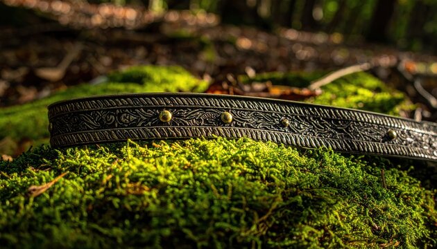 Handcrafted steel gorget with intricate engravings and brass rivets on a mossy forest floor. High quality wide banner showing medieval armor craftsmanship in a natural woodland environment.