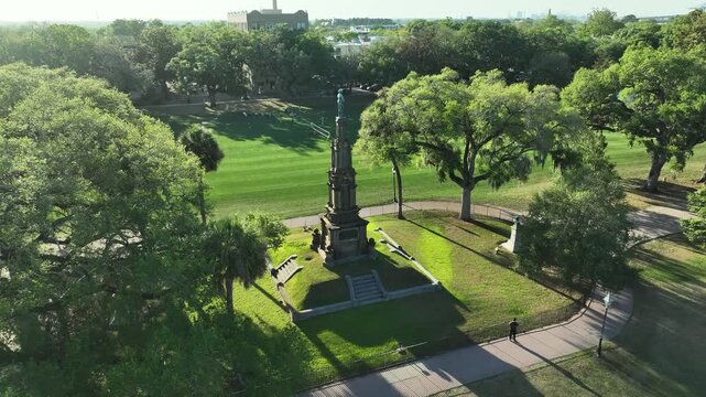 A drone shot of a Civil War Monument in the Forsyth Park in Savanna, GA.