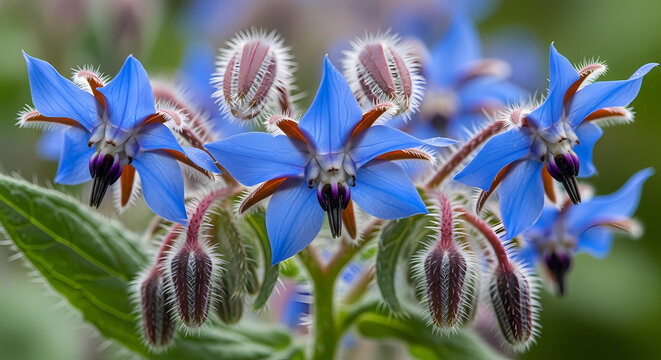 Close up of blooming blue borage flowers in the garden