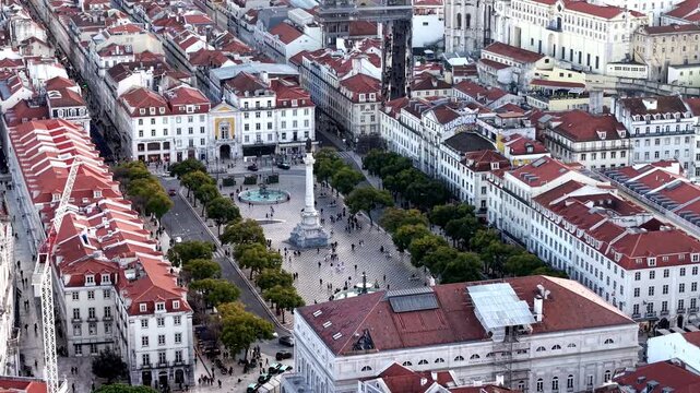 Aerial view of The King Pedro IV Square, Rossio square in Pombaline Downtown of Lisbon