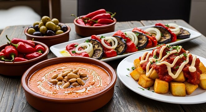 Traditional spanish tapas dishes served on a wooden table featuring romesco sauce patatas bravas roasted vegetables and spicy red peppers