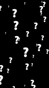 White question marks animation on a black background. Abstract background perfect for concepts of uncertainty, FAQ, searching for answers, and mystery