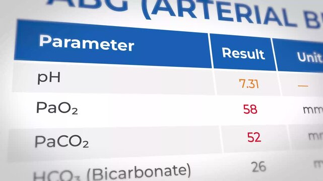 Arterial blood gas test results showing pH, PaO2, and PaCO2 levels