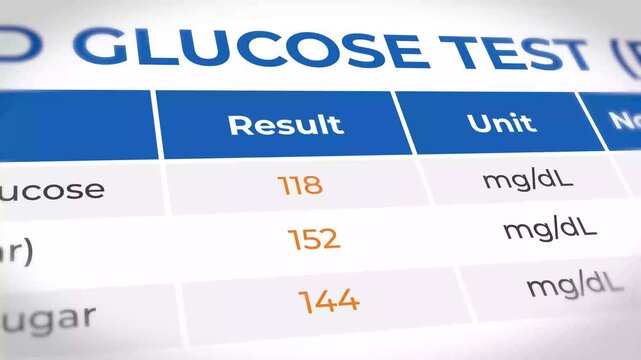 Blood glucose test results showing 118, 152, and 144 mg/dL levels