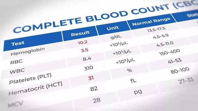 Close-up view of a complete blood count test report showing various blood test results and their normal ranges on a medical chart.