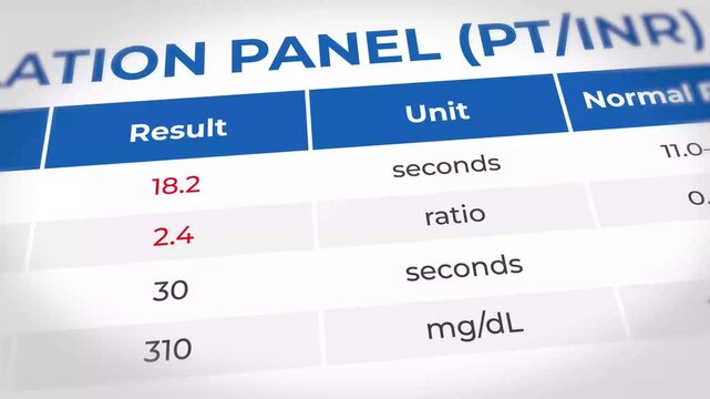 Blood coagulation panel results showing abnormal prothrombin time