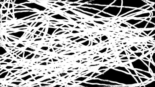 Paint Brush Scribble animation. Abstract Stroke Background, diagonal, spiral, multidirectional chaotic lines direction. Brush stroke black and white noise animation background. Crazy Hatching