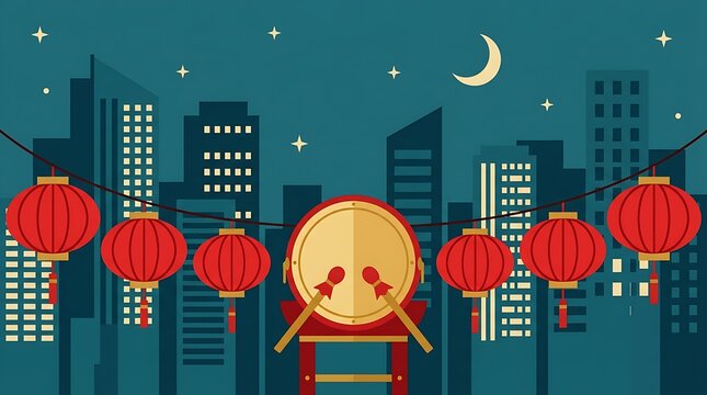 Traditional Islamic Bedug drum and hanging red lanterns with modern city skyline at night for Eid celebration vector
