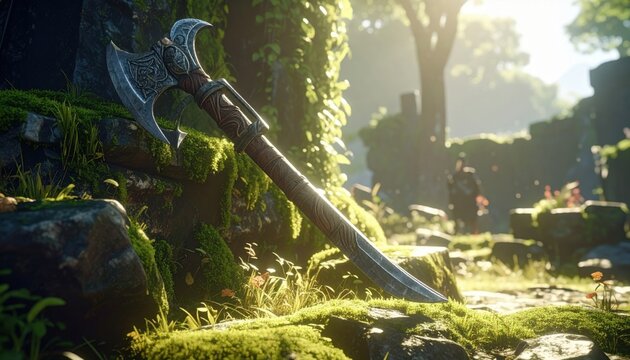 Handcrafted Steel Poleaxe with Intricate Engravings and Curved Blade Resting on Mossy Stone in a Sunlit Forest, Cinematic Horizontal Banner Ideal for Fantasy Roleplaying or Media Covers.